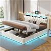 JYNVO Letto Contenitore Matrimoniale 160x200 cm, Letto con Spazio Idraulico, Testiera Multifunzione con Portaoggetti, Ricarica USB A+C e Luci LED RGB, Velluto, Beige, Senza materasso