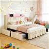 EBSFBD Struttura letto in lino 160x200 cm con stazione di ricarica, Beige. | Mensola per testiera, letto imbottito, testiera LED, USB e AC, listelli in legno, 4 cassetti portaoggetti.