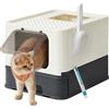 FEANDREA Casetta per Lettiera per per Gatti Grandi Nascosta, Vassoio Estraibile, Paletta, Spazzola, Ampio, Portata 15 kg, Antipertita, Beige e Nero PPT001W01