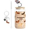 WALLFID Set Regalo Bassotto per Donna, Bicchiere Bassotto 500ml con Coperchio in Bambù, Cannuccia in Vetro, Copri Cannuccia e Portachiavi, Tazza Dachshund per Caffè Freddo, Matcha, Bubble Tea