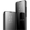 Hkess Custodia Placcatura Specchio Compatibile per Oppo Find X3 Lite 5G Funzione Stand Traslucido Clear View Standing Cover 360 Gradi Protezione Cassa Mirror Flip Antiurto Anti Graffio Bumper, Nero