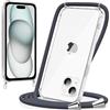 caslord Trasparente Cover con Cordino per iPhone 15 | 1,6 m Regolabile | Antiurto | Anti-ingiallimento | Anti-Graffio | Grigio scuro