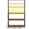 VASAGLE Mensola da Cucina con LED, per Microonde con Multipresa, Ripiani Regolabili, 8 Ganci, 40 x 80 x 168,4 cm, Marrone Vintage e Nero Opaco/Rovere Dorato e Bianco Opaco