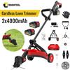 CONENTOOL Decespugliatore a batteria 21V 2000W 36000RPM, Rasaerba Elettrico Brushless da 10 Pollici con 2 Batterie da 4000mAh, Ruote di Supporto e Lame Multiple per Erba, Erbacce, Bordi del Prato,