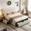 Comanlai Letto matrimoniale Comanlai beige in PU imbottito 160x200cm, struttura moderna con rete a doghe in legno e 4 cassetti, portata 340kg, materasso non incluso.