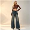 NONE Jeans donna gamba larga vita con risvolto decorata da strass, denim blu scuro effetto lavaggio retrò vintage, pantaloni ampi con dettagli brillanti di tendenza, stile streetwear glam, vestibilità