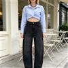 NONE Jeans donna a vita alta modello barile, denim nero lavaggio vintage con dettagli brillanti sparsi, pantaloni larghi gamba curva stile streetwear Y2K tendenza per outfit casual YW-1842
