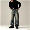 NONE Jeans Uomo Baggy Larghi Denim Blu Effetto Sbiadito Vintage con Strappi, Cerniera Extra alla Vita, Tessuto Robusto, Pantaloni Streetwear Hip‑Hop, Modello Trendy per Uscite Urbane, Stile Casual Autunno