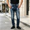 NONE Jeans Uomo Gamba Dritta Denim Blu Scuro Effetto Strappato Con Sfilacci, Lavaggio Vintage, Tessuto Elastico, Stile Streetwear Moda Urbana, Pantaloni Casual Trendy, Ideali per Uscite, Feste, Tempo
