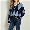 NONE Maglione donna collo V con falso inserto camicia, motivo rombo argyle vintage, taglio ampio spalle cadenti, maglia morbida di qualità, stile collegiale preppy di tendenza, indumento casual