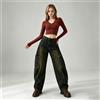 NONE Jeans Donna Cargo A Palloncino Vita Alta Denim Blu Effetto Vintage Dettagli Leopardo Tasche Grandi Pantaloni Streetwear Y2K Per Uscite Urbano e Tempo Libero FX5355‑1