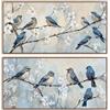 DRW Set di 2 Quadri su Tela con Uccelli e con Parte Dipinta a Mano, in Bianco e Blu, 3,5 x 120 x 60 cm