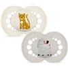 MAM Original Jungle Edition Succhietto 16+ mesi, Set da 2, Beige/Grigio | Con porta ciuccio sterilizzatore portatile, Tettarella ortodontica in silicone SkinSoft, Mascherina curva, Senza BPA/BPS