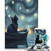 JIANGENNF Puzzle da 1000 pezzi per adulti: Gatto in barca sotto un cielo stellato, gioco impossibile, per divertimento in famiglia, compleanno e Natale 38x26cm