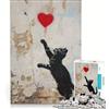 JIANGENNF Puzzle da 1000 pezzi per adulti con gatto e cuore, ispirato a Banksy, gioco rilassante, impegnativo e stimolante, compleanno 38x26cm