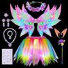 COYBTO Costume Fatina Bambina LED, Ali Luminose e Gonna Tutu Arcobaleno | Set Completo con Bacchetta, Corona Floreale, 0recchie da Elfo e Accessori, Ideale per Feste, Carnevale e Giochi da 3-8 Anni