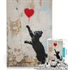 JIANGENNF Puzzle da 1000 pezzi per adulti con gatto e cuore, ispirato a Banksy, gioco educativo, per divertimento in famiglia, collezione d'artista, belle arti 38x52cm