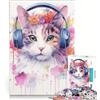 JIANGENNF Puzzle da 1000 pezzi con gatto, cuffie e fiori, gioco per tutta la famiglia, rilassante e stimolante per la mente, compleanno e Natale 38x26cm