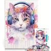 JIANGENNF Puzzle da 1000 pezzi per adulti con gatto, cuffie e fiori, giocattolo fai da te, decorazione per la casa, compleanno e Natale 38x52cm