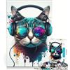 JIANGENNF Puzzle per adulti da 1000 pezzi con gatto, cuffie, musica DJ, antistress, taglio di precisione, collezione d'artista, belle arti 38x26cm