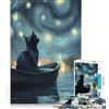 JIANGENNF Puzzle da 1000 pezzi per adulti: Gatto in barca sotto un cielo stellato, gioco educativo, per divertimento in famiglia, collezione d'artista, belle arti 38x52cm