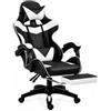 cecaro group Sedia Gaming Ergonomica con Poggiapiedi, Reclinabile 150 kg -Schienale 90-135°,Regolabile 114-124 cm, 5 Ruote 360°- Bianco/Nero