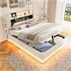 Azkoeesy Letto contenitore idraulico imbottito in velluto con Luci LED integrata, testiera ribaltabile con ripiani e porte di ricarica USB, letto multifunzionale per camera da letto, Beige, 160x200 cm