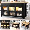 VIVCA Isola da cucina con 3 cassetti e ante in vetro, design industriale, 150 x 80 x 90 cm, illuminazione, piedini regolabili, nero naturale