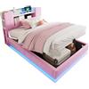 Azkoeesy Letto contenitore idraulico imbottito in velluto con Luci LED integrata, testiera ribaltabile con ripiani e porte di ricarica USB, letto singolo per camera da letto, Rosa, 90x200 cm