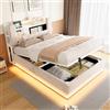 Azkoeesy Letto contenitore idraulico imbottito in velluto con Luci LED integrata, testiera ribaltabile con ripiani e porte di ricarica USB, letto multifunzionale per camera da letto, Beige, 140x200 cm