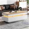 SACOOL, tavolino da salotto con 2 cassetti, 100 x 50 x 35 cm, tavolino LED con finitura lucida, tavolino da tè, tavolino da divano, tavolino da soggiorno, tavolino da caffè, bianco + tonalità legno