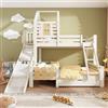 REXO Letto a castello da 90 x 200 e 140 x 200 cm, con cassetto, scivolo e scala, con rete a doghe, design casetta in blocchi, bianco, senza materasso