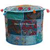 DK Homewares Ottomane Sgabello Pouf Rotondo Indiano Turchese Blu Patchwork Ricamato Cotone Pouf Soggiorno Pouf poggiapiedi Decorativo posti a Sedere | (22x22x14 Pollici / 55 cm) | Solo Copertura