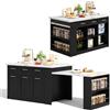 Azkoeesy Isola Cucina Grande con Tavolo Estraibile, 150x90x90 cm / 80x96x75 cm, 6 Cassetti, 3 Ante, Mensole Regolabili e Porta Spezie, Mobile Contenitore Multifunzionale, Nero +effetto marmo bianco
