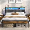 Yaheetech Letto con LED e Stazione di Ricarica Marrone/Grigio/140×200 cm | Letti Matrimoniale con Spazio Sottoletto Letto Matrimoniali 2 Ripiani con Contenitore a Moderni 140×200 cm