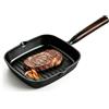 BYZESTY Padella antiaderente, 22 x 22 cm, quadrata in ghisa, bistecchiera a induzione con manico in legno e beccuccio, padella quadrata per induzione, forno e barbecue