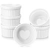 LOVECASA Set 6 Stampi per Soufflé in Porcellana Bianca Ø 8,7 cm, 180 ml, Pirottini per Soufflé da Forno Ciotole per Creme Brulee, Budini, Coppe di Crema Pasticcera, Design a Forma di Cuore sul Fondo