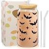SOETDERT 500ml Bicchiere In Vetro Con Coperchio E Cannuccia, Halloween Bicchiere con Motivo a Pipistrello, Iced Coffee Bicchiere per Cocktail, Caffè, Latte Succhi, Caffè Ghiaccio,Tè Con Limone