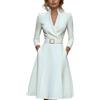 Generisch Abito da donna a maniche lunghe, elegante, a tubino, lungo, per lavoro, primavera, con cintura, comodo, tinta unita, vestibilità aderente, scollo a V, abito da sera da donna