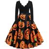 Generico Nuovo Abito Halloween Donna con Zucca Fantasma Stampa, Elegante Vita Alta Vestito Gotico Vestiti Medievali Coulisse Abiti Manica Lunga A-Line per Costume Feste 6i17