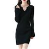 Ailaile 100% lana merino maglione abito donna tromba manica sottile stretto lavorato a maglia scollo a V pullover autunno inverno metà lungo top