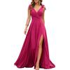 Generic Maxi abito da donna in chiffon con scollo a V e spalline con fiocco e spacco alto formale