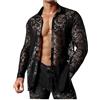 RUMAOZIA Camicia da uomo trasparente a maniche lunghe in pizzo con bottoni a rete, a maniche lunghe, per il tempo libero, camicetta in pizzo, biancheria intima a rete