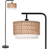LuminexDesigns Boho Lampada da Terra in Rattan, Doppio Paralume WOVI FL01 | 173cm Rustica Piantana, E27 Testa Orientabile, Nera con Base Pesante, Interruttore a Pedale per Soggiorno, Camera da Letto