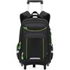 Tanou Zaino Trolley Scuola Media e Superiore per Ragazzi, Sganciabile, 32L | Spallacci da Nascondere, Zaino Rotelle Bambino Impermeabile da Viaggio, 6 Ruote Zaini Casual Grande Capacità, Nero-Verde