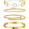 Gkaopi 4 Pezzi Bracciale Quadrifoglio da Donna 18K Placcato Oro Acciaio Inossidabile Fortunato Quadrifoglio Set di Braccialetti con CZ Braccialetto Tennis Impilabile Regolabile Gioielli
