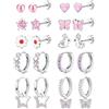 JeweBella 10 Paia Piccoli Orecchini per Donna Ragazze Acciaio Chirurgico Rosa Colorato Orecchini a Lobo Orecchini Cerchio Pendenti Cuore Stella Fiore Set di Orecchini Bambinia Anallergici