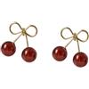 Niaspi Eleganti orecchini a perno a forma di ciliegia, da donna, placcati in argento Sterling 925, placcati in argento Sterling 925, con rubino rosso ciliegia, orecchini alla moda retrò con fiocco, per il