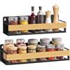 SONGMICS Portaspezie da Parete, Set di 2, Acciaio e Bambù | Mensola da Cucina, 5 kg, Drenaggio, Bagno, Nero Inchiostro e Bambù Chiaro, Collezione Bystro, KCS602B101
