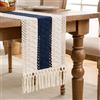 Aisybaklyn Runner da Tavolo Macrame Runner da Tavola Moderno Runner Tavola Beige Design Cavo Intrecciato Rustico Boho Cuciture Bicolore Blu Scuro Runner Tavolo per Esterno per Feste e Uso Quotidiano 30X180cm
